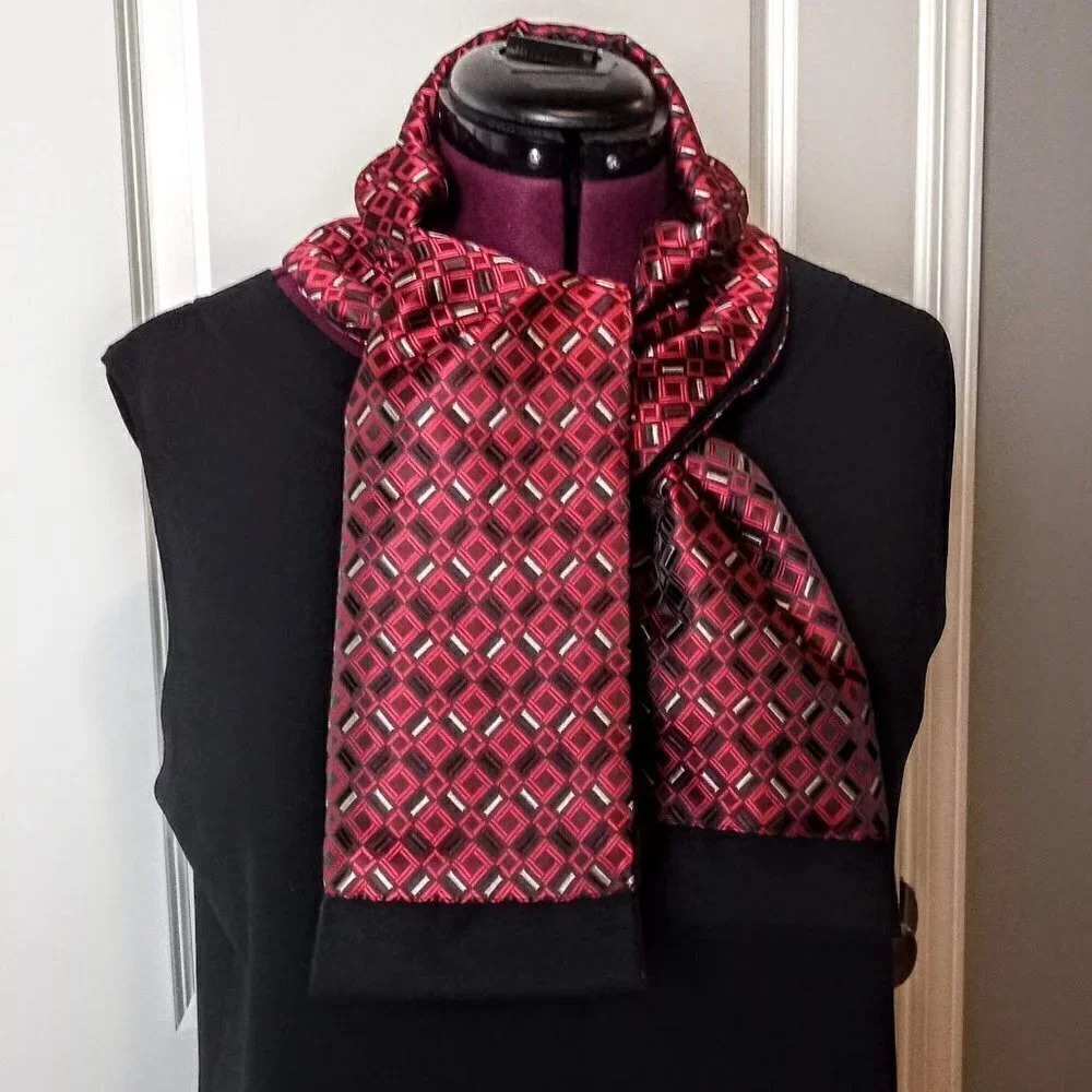 Italian Red Black White Print Silk Brocade Oblong Scarf